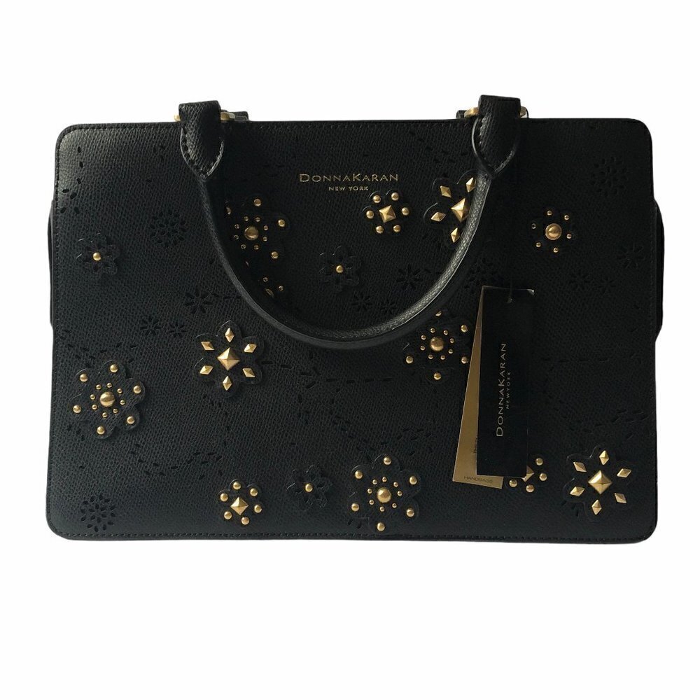 NWT Donna Karan Rina Black Leather Gold Floral Embellished Crossbody Tote Bag - Picture 4 of 9